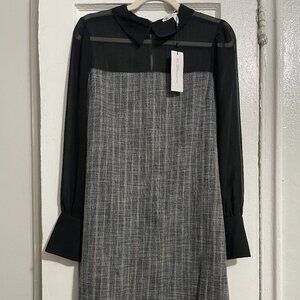 BCBGeneration Black Sheer Sleeve Twill Gray Colorful Plaid Collared Classy Dress